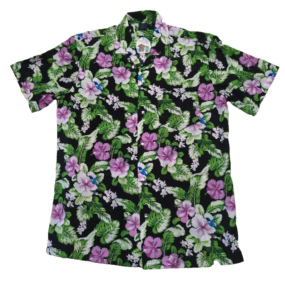 FC Brand Mens Medium Hawaiian Shirt Black Purple Hibiscus Hummingbird Tropical